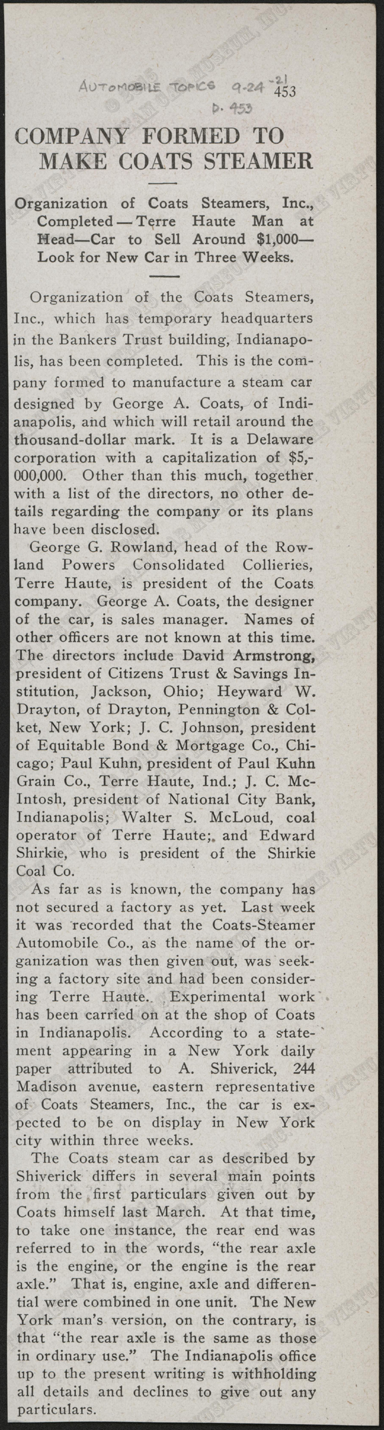 Coats Steam Car Company, September 24, 1921, Automobile Topics, P. 453, Conde Collection.